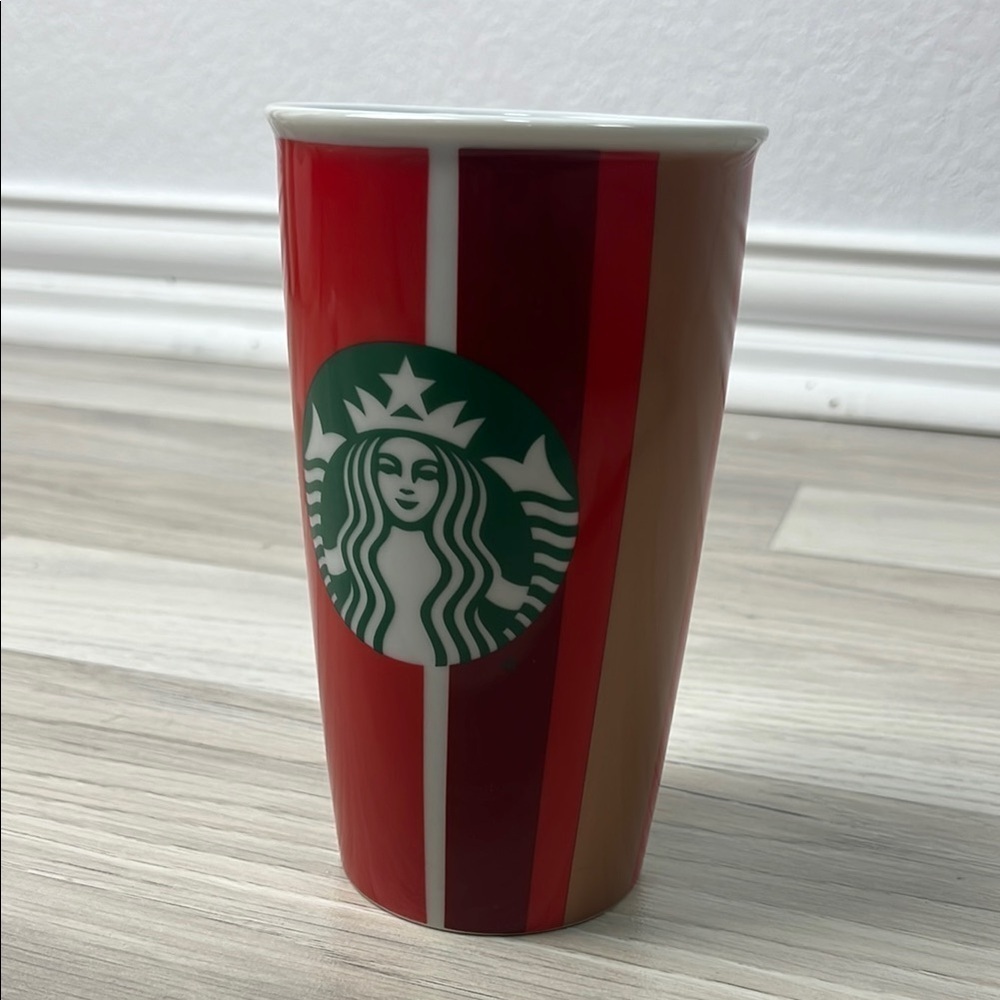 Starbucks Holiday Ceramic Tumbler Red Stripe Double Wall Travel 12 Oz Cup No Lid